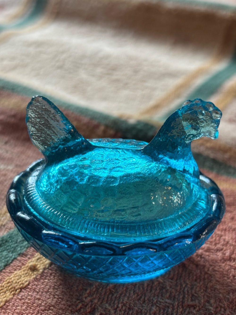 Vintage Miniature Peacock Blue Glass Hen on Nest Salt Cellar Degenhart Style